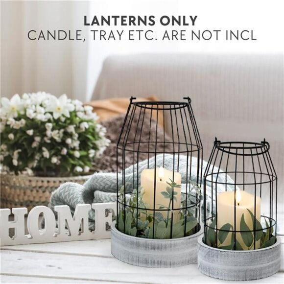 Rustic Farmhouse Lanterns Set of 2 White Metal Candle Holders Home - Picture 2 of 7